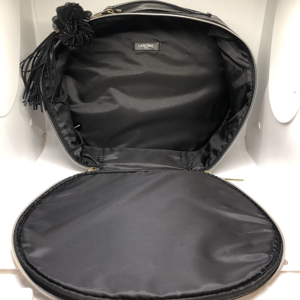 Lancome Large Shiny Black Oval Train Case Cosmetic Bag Gold Zipper Tassel Handle - Picture 5 of 12